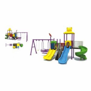 Yellow Outdoor Playground 4-slider 1-Cradle 1-Baby Seater Swings And And Yellow Cat Roof