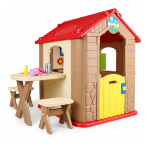 Kids Playhouse with Picnic Table & Stools – Red Roof & Yellow Door