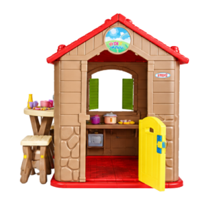 Alternative view of Kids Playhouse with Picnic Table & Stools – Red Roof & Yellow Door
