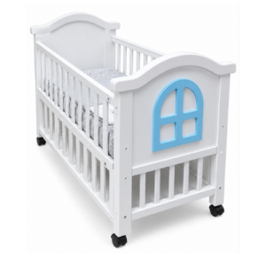 Alternative view of White Baby Cot with Blue Window Design & Wheels