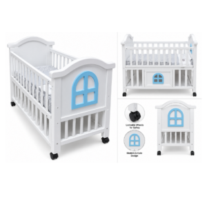 White Baby Cot with Blue Window Design & Wheels