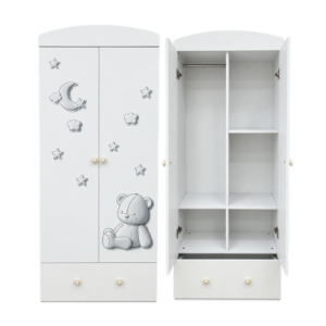Kids White Wardrobe with Teddy Bear & Moon Design